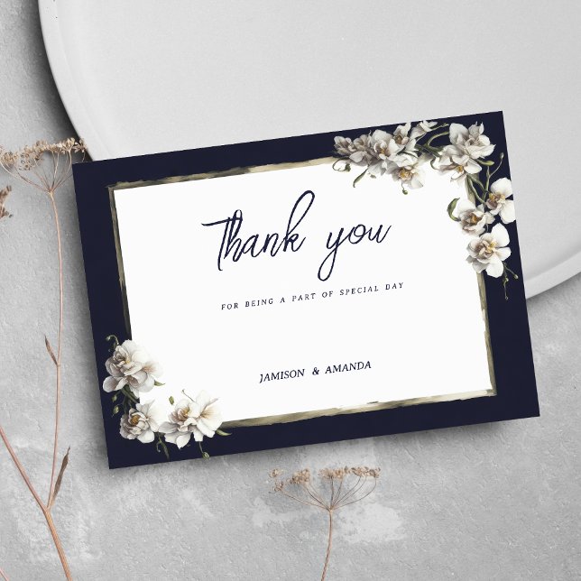 Invitation Luxe marine bleu or blanc orchidée Merci (Luxury navy blue gold white orchid Thank You )