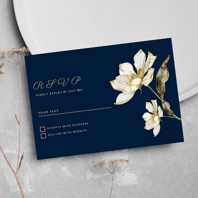 Invitation Luxe marine bleu or blanc parties scintillant fleu (Luxury navy blue gold white glitter flower RSVP)