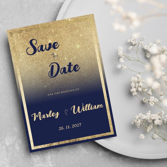 Invitation Luxe marine bleu or ombre parties scintillant Enre (Luxury navy blue gold ombre glitter Save the Date)