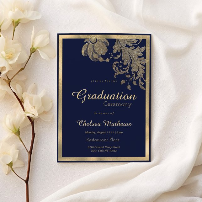 Invitation Luxe marine bleu or parties scintillant fleurs Gra (Luxury navy blue gold glitter flowers Graduation)