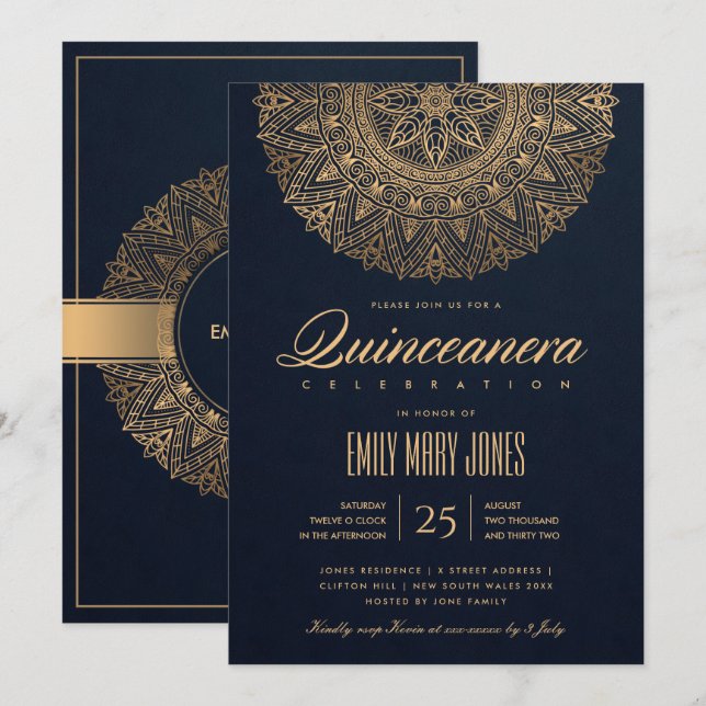 INVITATION LUXE MARINE GOLD CLASSIQUE ORNATE MANDALA QUINCEAN (Devant / Derrière)