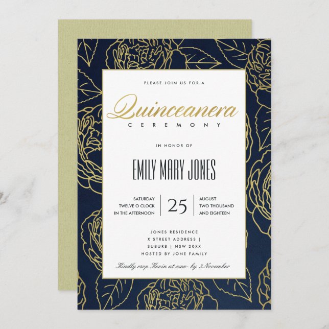INVITATION LUXE MARINE OR ÉLÉGANT ROSE FLORAL QUINCEANERA (Devant / Derrière)