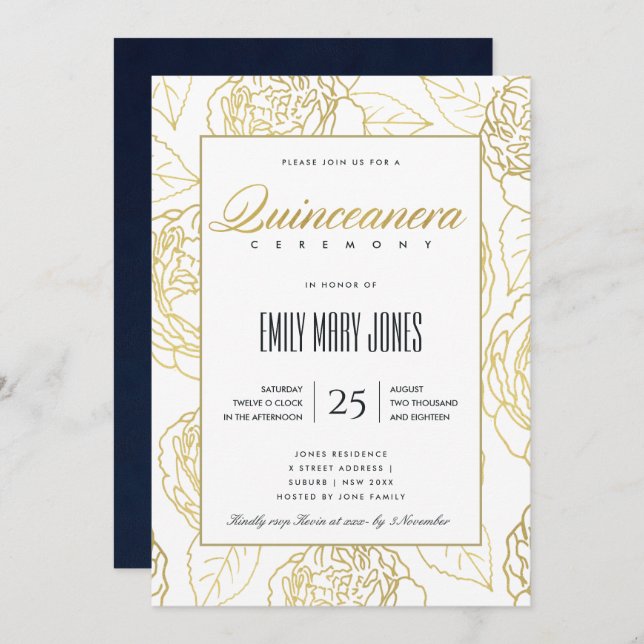 INVITATION LUXE MARINE OR ÉLÉGANT ROSE FLORAL QUINCEANERA (Devant / Derrière)