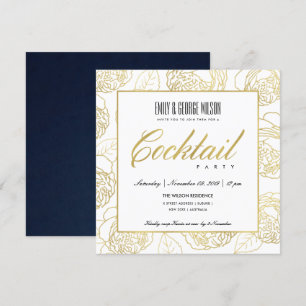 INVITATION LUXE NAVY FAUX GOLD ROSE FLORAL COCKTAIL PARTI