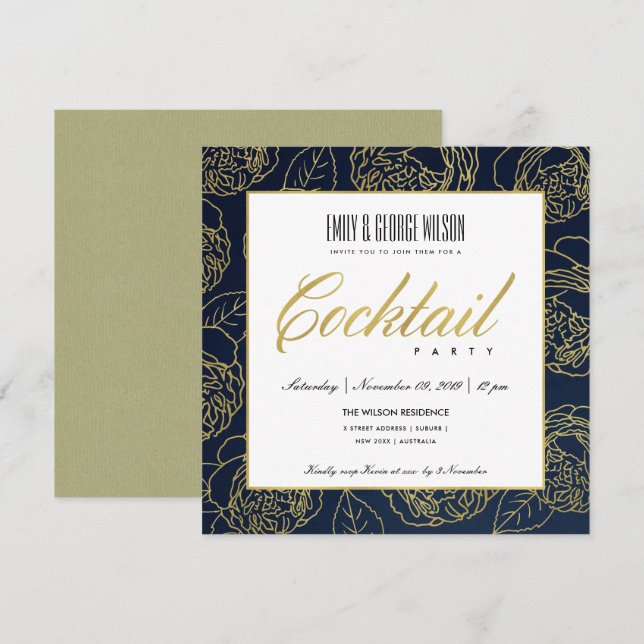 INVITATION LUXE NAVY FAUX GOLD ROSE FLORAL COCKTAIL PARTI (Devant / Derrière)