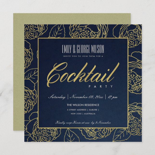 INVITATION LUXE NAVY FAUX GOLD ROSE FLORAL COCKTAIL PARTI (Devant / Derrière)