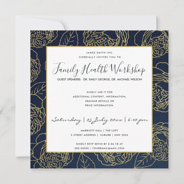 INVITATION LUXE NAVY GOLD ELEGANT ROSE FLORAL ATELIER ÉVÉNEME (Devant)