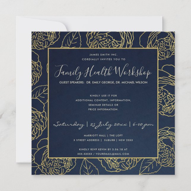 INVITATION LUXE NAVY GOLD ELEGANT ROSE FLORAL ATELIER ÉVÉNEME (Devant)