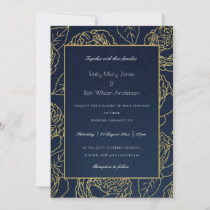 INVITATION LUXE NAVY GOLD KRAFT ELEGANT ROSE FLORAL MARIAGE