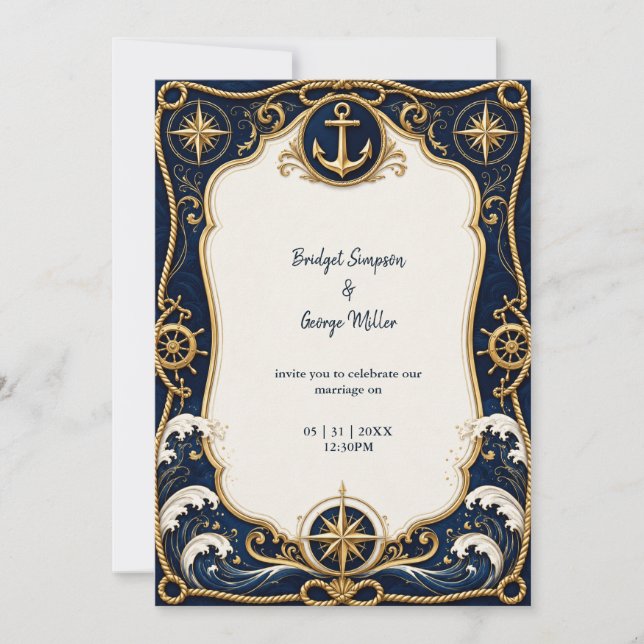 Invitation Luxe Navy Or Anchor De Mariage Naudique (Devant)