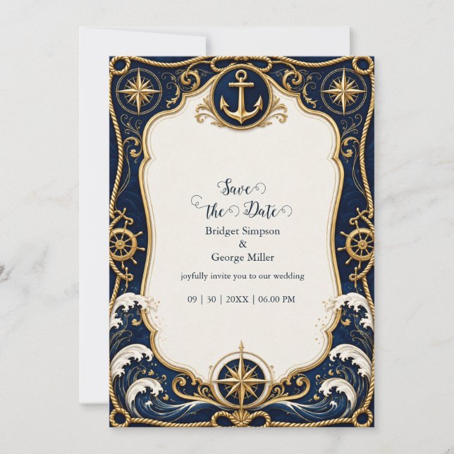 Invitation Luxe Navy Or Anchor Naud Mariage (Devant)