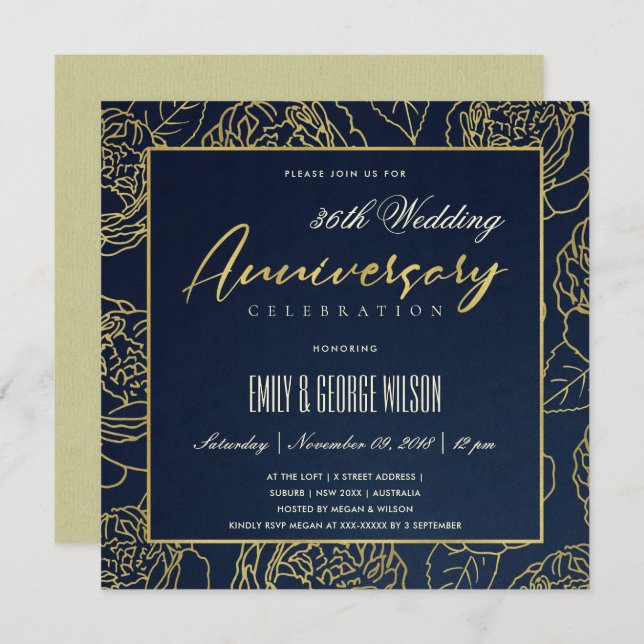 INVITATION LUXE NAVY OR ROSE FLORAL ANNIVERSAIRE TOUTE ANNÉE (Devant / Derrière)