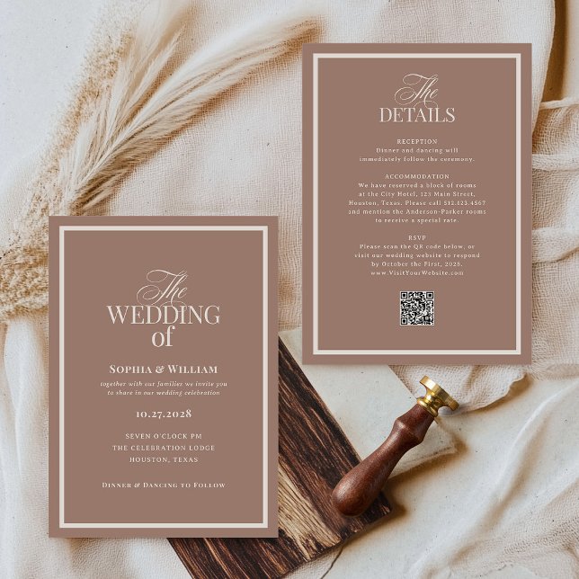 Invitation Luxe Neutral Mocha Taupe | RSVP QR Code Wedding (Créateur téléchargé)
