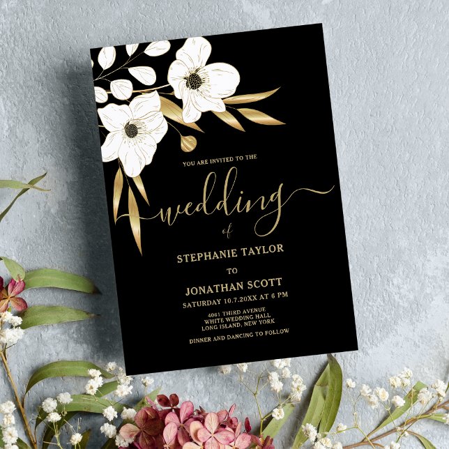 Invitation Luxe noir blanc or floral élégant mariage (Luxury black white gold floral elegant wedding)