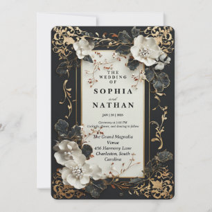 Invitation Luxe noir et or avec design floral élégant