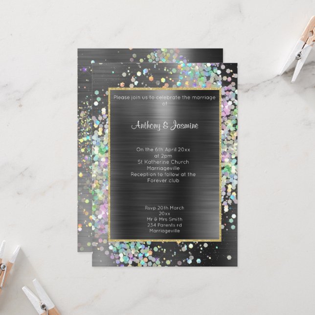 INVITATION LUXE NOIR MÉTALLIQUE HOLOGRAPHIQUE MARIAGE PASTEL (Devant/Arrière en situation)