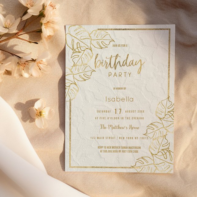 Invitation Luxe or blanc dentelle florale française Anniversa (Luxury white gold french floral lace Birthday Invitation)