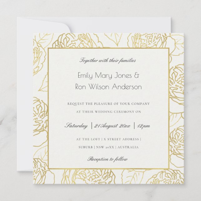 INVITATION LUXE OR BLANC KRAFT ÉLÉGANT ROSE FLORAL MARIAGE (Devant)