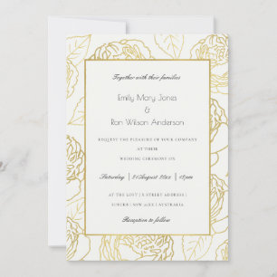 INVITATION LUXE OR BLANC MARINE ÉLÉGANT ROSE FLORAL MARIAGE