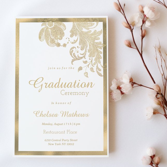 Invitation Luxe or blanc parties scintillant fleurs glam Grad (Luxury white gold glitter flowers glam Graduation )