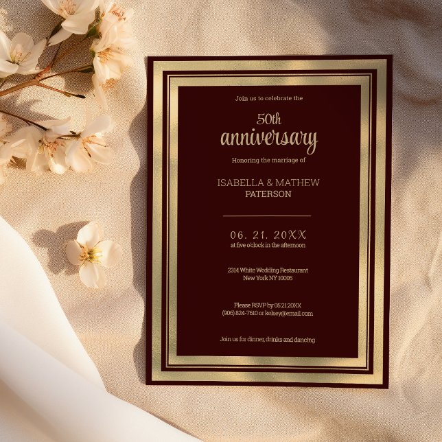 Invitation Luxe or bordeaux 50e anniversaire de Mariage (Luxury burgundy gold 50th Wedding Anniversary )
