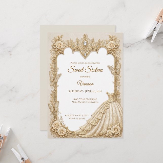 Invitation Luxe Or Ivoire Princesse Sweet 16 (Devant/Arrière en situation)