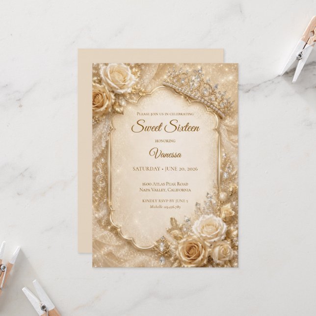 Invitation Luxe Or Ivoire Princesse Sweet 16 (Devant/Arrière en situation)