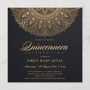 INVITATION LUXE OR NOIR CLASSIQUE ORNATE MANDALA QUINCEANERA