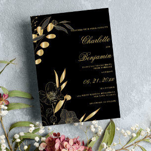 Invitation Luxe or noir élégant thème fleuri mariage