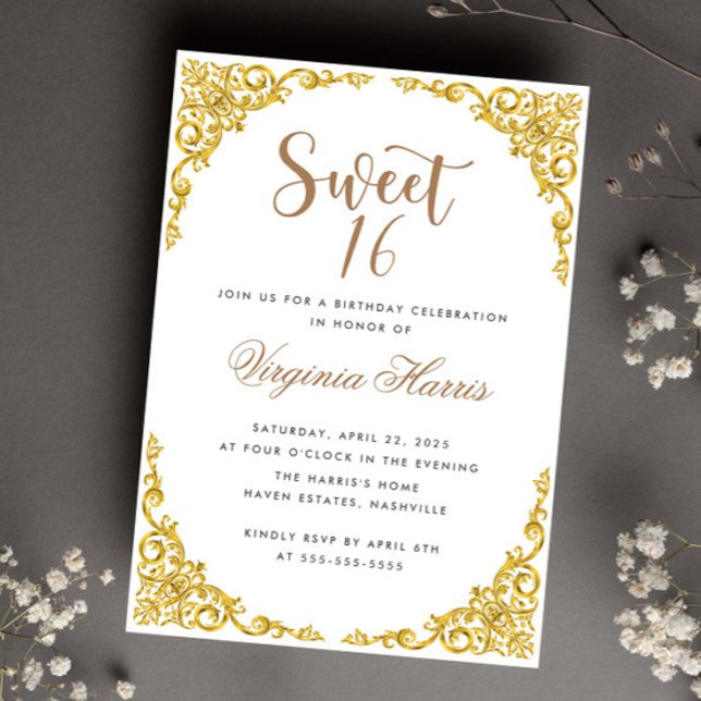 Invitation Luxe Or Ornate Sweet sixteen blanc 16 Anniversaire (Créateur téléchargé)