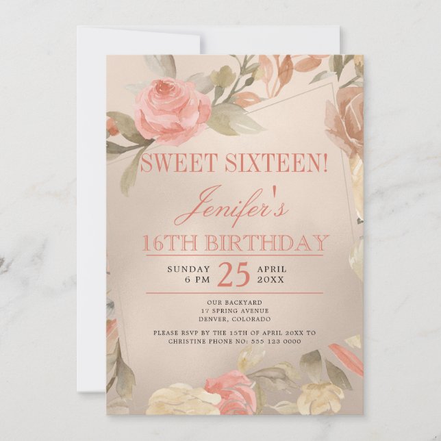 Invitation Luxe Or Pêche Corail Sweet sixteen Floral (Devant)