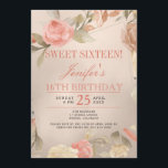 Invitation Luxe Or Pêche Corail Sweet sixteen Floral<br><div class="desc">Écran glam élégant printemps ou été doux invitation 16 anniversaire avec un cadre rose de jardin peint à la main de rose roux, rouge rouillé pâle, crème pêche et fleurs beige tan avec feuillage sur un arrière - plan en cuivre or faux métallique feuille brillant. Facile à personnaliser avec vos...</div>