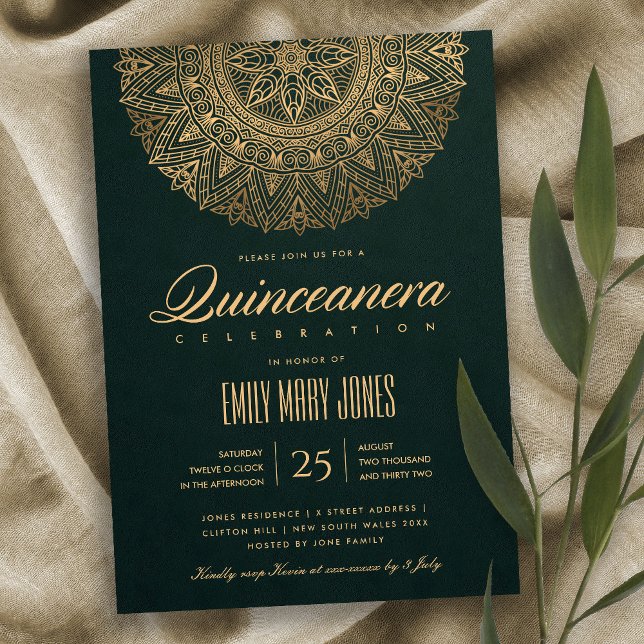 INVITATION LUXE OR VERT CLASSIQUE ORNATE MANDALA QUINCEANERA (Créateur téléchargé)