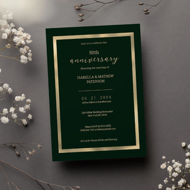 Invitation Luxe or vert foncé 50e anniversaire Mariage (Luxury dark green gold 50th Wedding Anniversary )