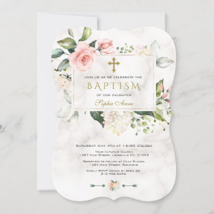 Invitation Luxe Pink Floral Frame Marbre Gold Cross Baptism