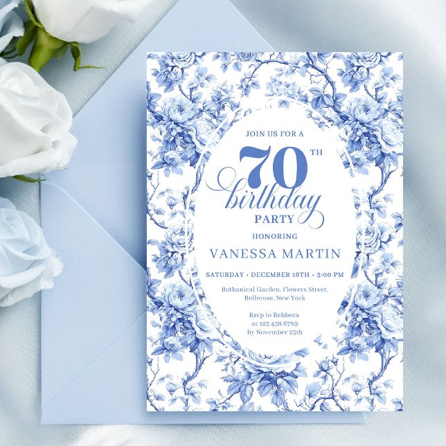 Invitation Luxe pour 70ème Anniversaire aux Roses  (Blue Roses Luxe 70th Birthday Invitation)