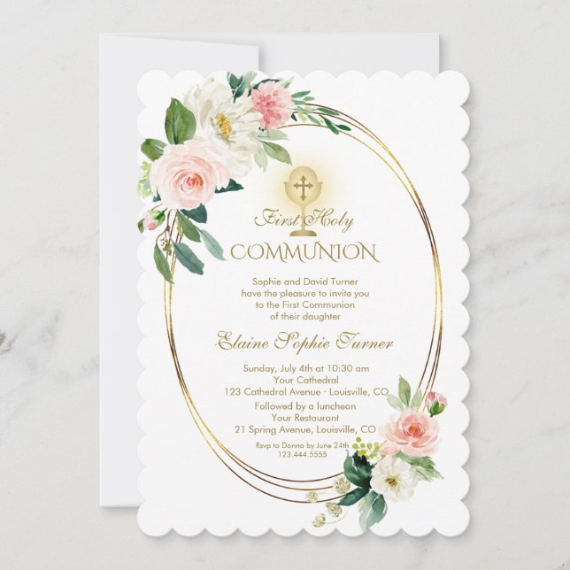 Invitation Luxe Printemps Blush Floral Or Sainte Communion (Devant)