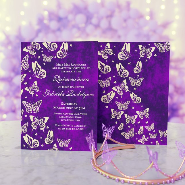 Invitation Luxe Purple et Gold Butterfly Quinceanera Party (Luxury Purple and Gold Butterfly Quinceanera Party Invitation)