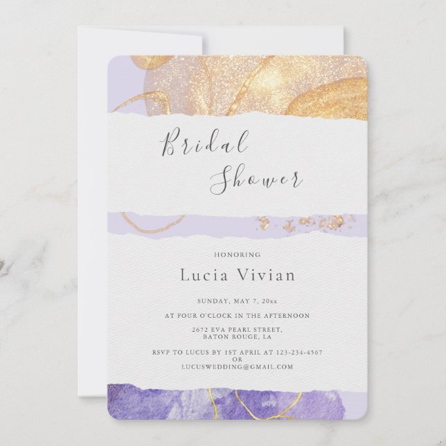 Invitation Luxe Purple & Fête des mariées Abstraite Dorée (Devant)