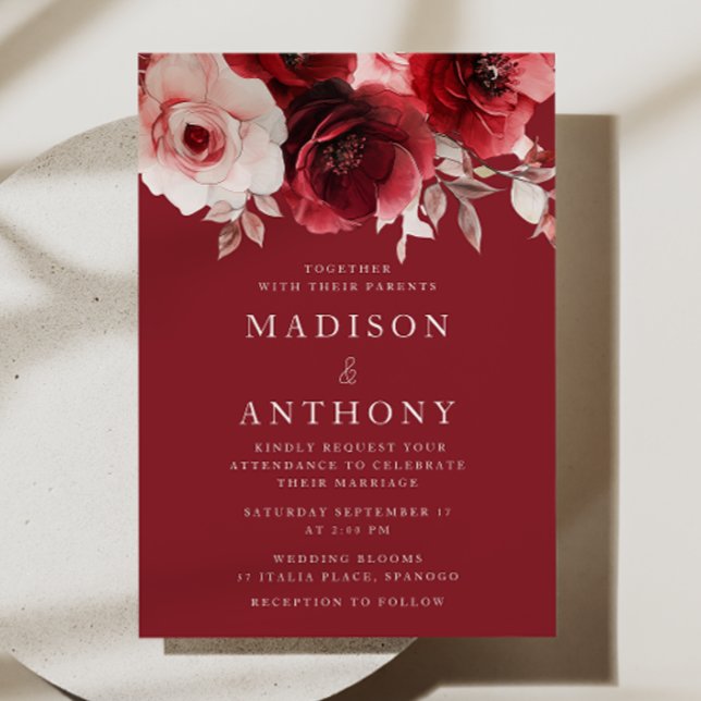 Invitation Luxe Radiance Ruby Red Roses Bloom Mariage (Créateur téléchargé)