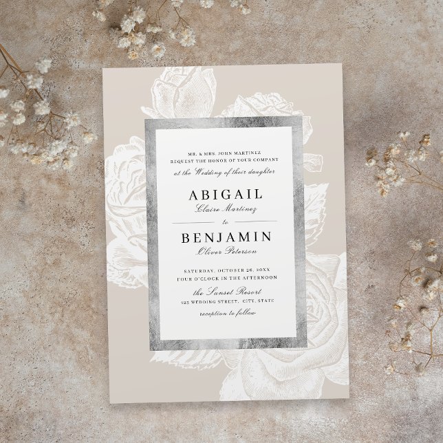 Invitation Luxe rose argent neutre vintage mariage botanique (Luxe rose silver neutral vintage botanical wedding invitation)