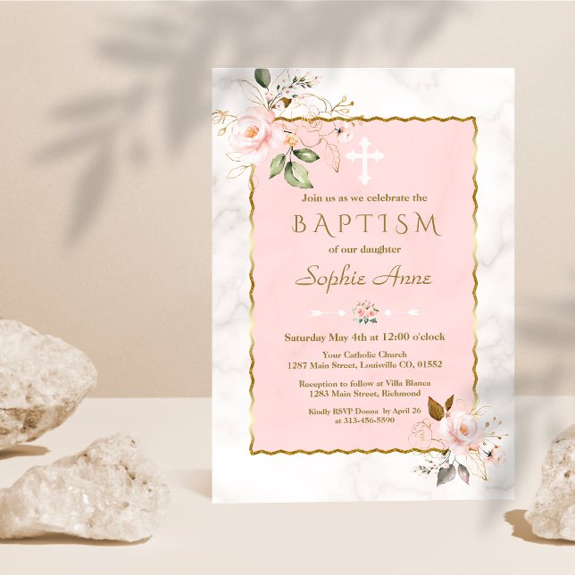 Invitation Luxe Rose Blush Gold Flowers Marbre Baptême (Créateur téléchargé)