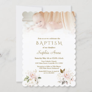 Invitation Luxe Rose Blush Gold Flowers Photo Baptême