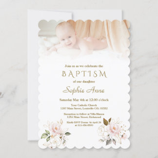 Invitation Luxe Rose Blush Gold Flowers Photo Baptême