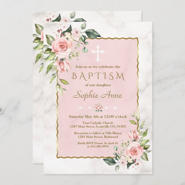 Invitation Luxe rose Fleurs blanches en or Marbre Baptême (Devant / Derrière)