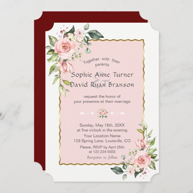 Invitation Luxe rose Fleurs blanches Mariage Gold Frame (Devant / Derrière)