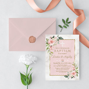 Invitation Luxe rose Fleurs Blush Or Marbre Girl Baptême