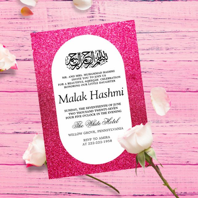 Invitation Luxe rose Gliter Baby islamique Aqiqa Aqeeqah (Créateur téléchargé)