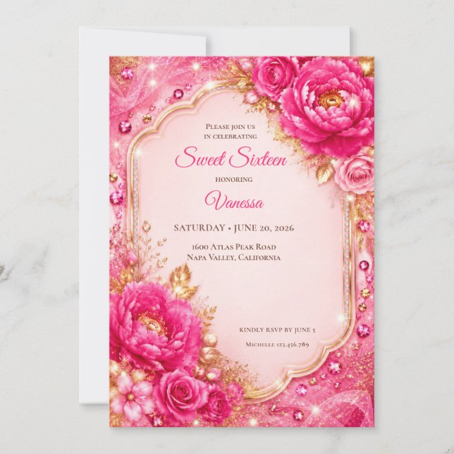 Invitation Luxe Rose Gold Florale Sweet 16 (Devant)