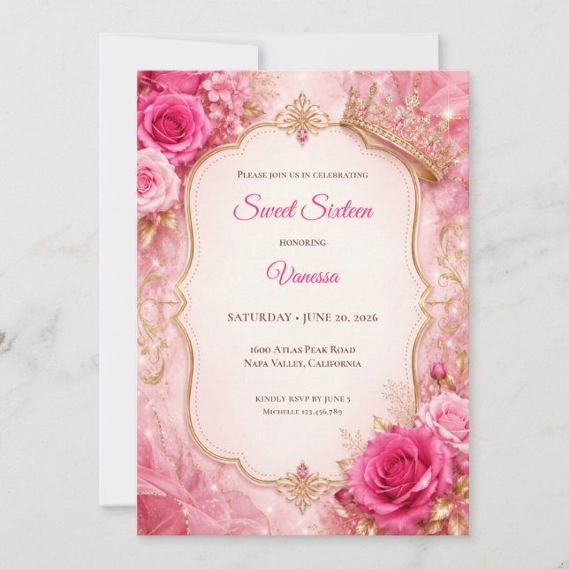 Invitation Luxe Rose Gold Florale Sweet 16 (Devant)